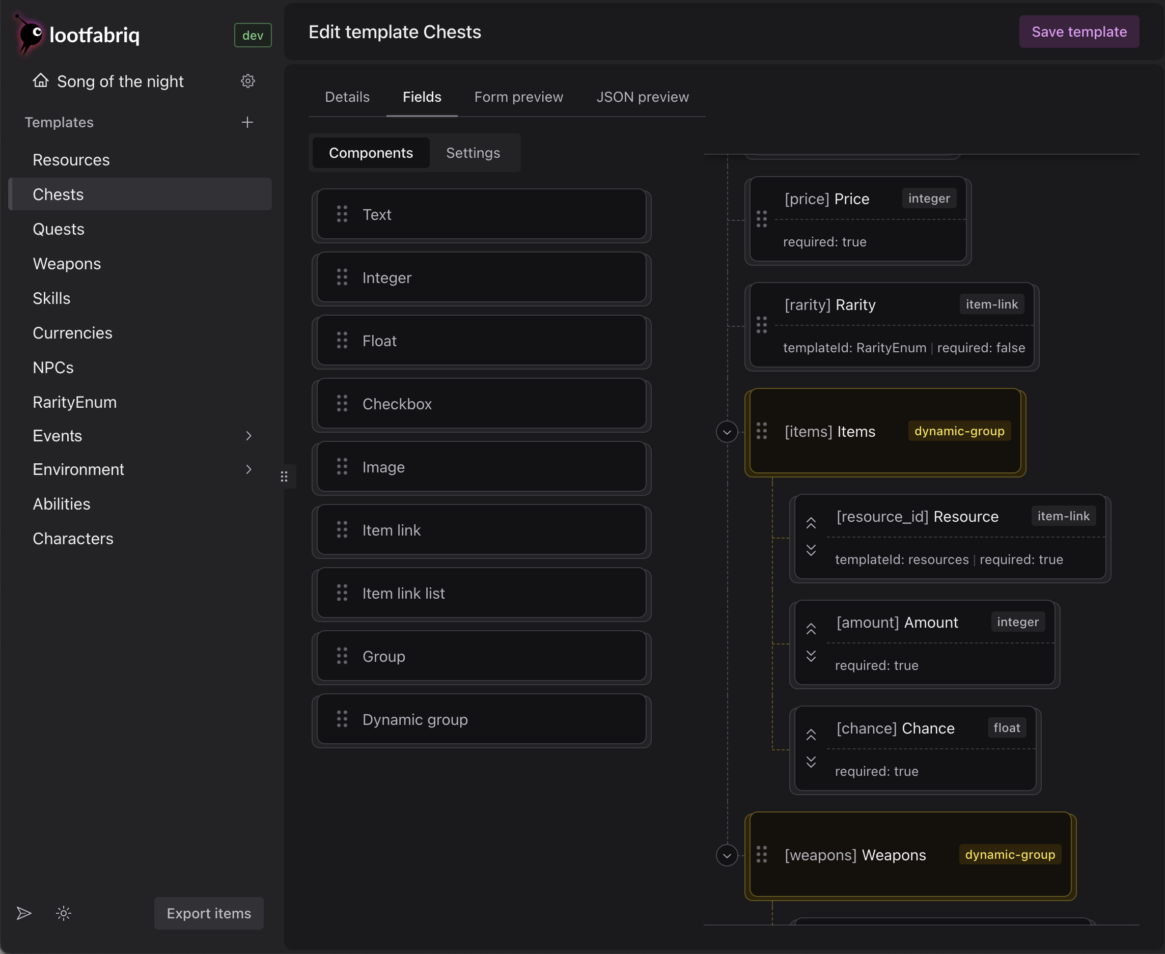 Screenshot of Lootfabriq game data editor JSON interface